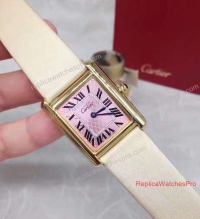 Knockoff Cartier Tank Solo 24mm Gold Pink Face Roman Spun Silk Strap Watch